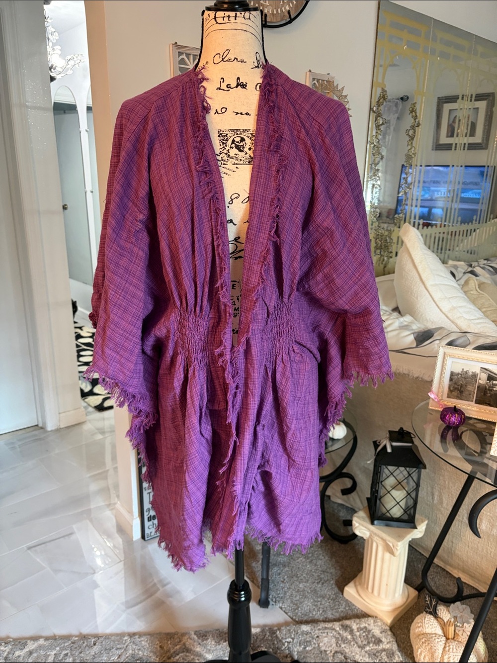 Coldwater Creek Purple Fringe Open-Front Cape